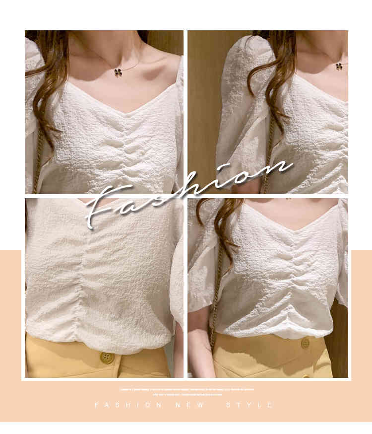 Solid V-neck Chiffon Blouse Blusas Mujer De Moda Korean Fashion Clothing Summer Ladies Tops White Shirt 9366 210506