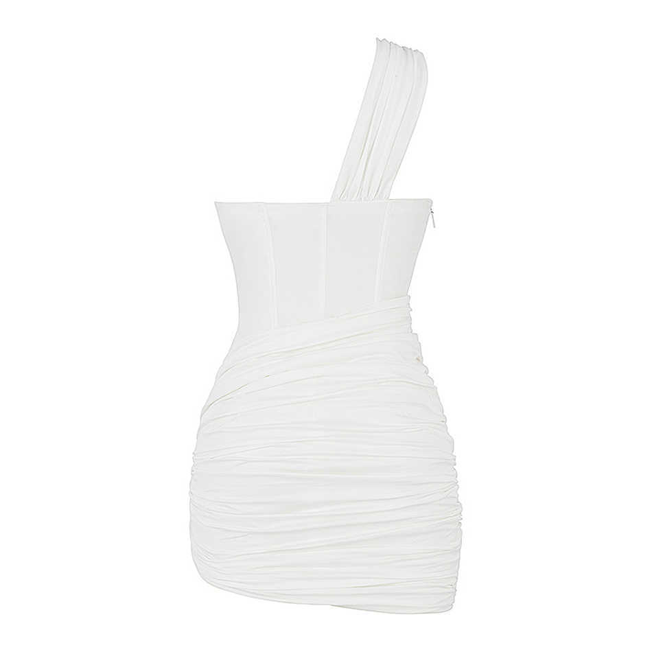 High Quality Sexy One Shoulder Mini Dress Summer White Women Sleeveless Draped Fashion Tight Party 210525