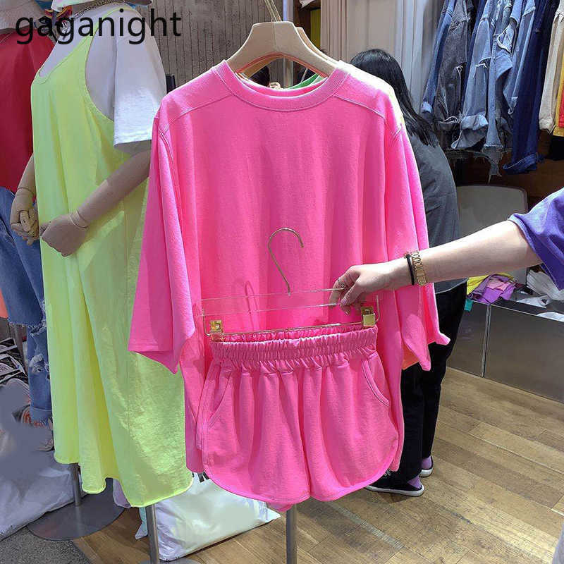 Candy Color 2 Piece Set Women Tracksuit O Neck T-Shirt and Loose Shorts Suit Summer Sporting Lounge Wear S-XL 210601