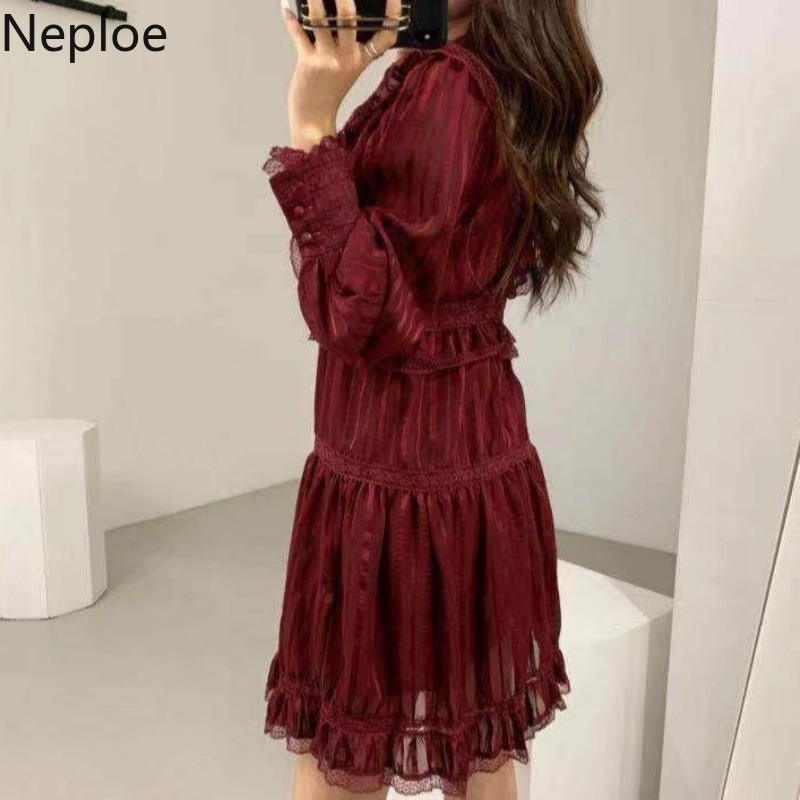 Neploe Dresses for Women Lace Ruffles Patchwork A-Line Dress Stand Neck Long Sleeve High Waist Slim Red Sweet Vestidos Mujer 210422