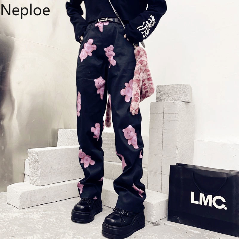 Neploe Women Pants Black Bear Print High Waist Trousers Korean Style Spring Slim Fit Loose Straight Casual Pantalong 4h671 210422