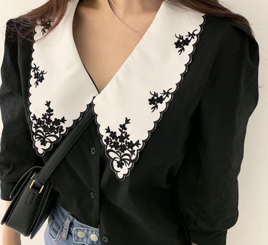 Vintage Contrast color Wave Line Lapel Collar Embroidery Shirt CHIC Puff Sleeve Women Blouse Tops Korean Clothes 210429