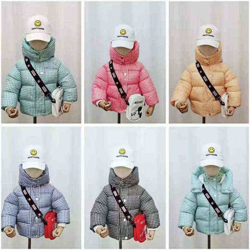 Fleece Plaid Winter Parkas Kids Jacket For Korean Boys Girls Warm Thick Velvet Children's Coat Toddler Outerwear Hooded Overcoat 211027