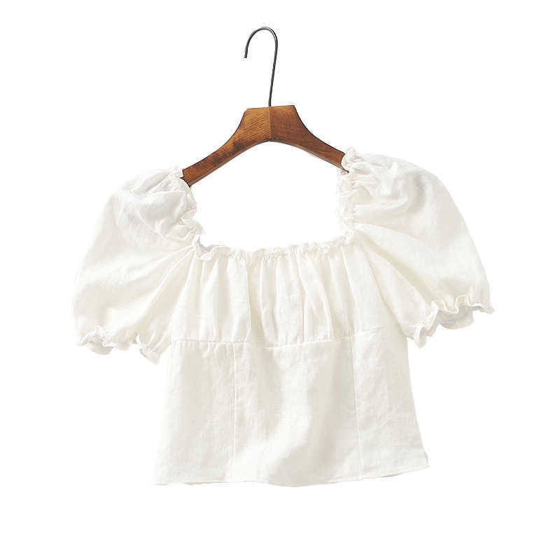 WOMENGAGA Summer White French Square Collar Puff Sleeve Short Top Women's Slim T Shirt Tees Korena 3T4Q 210603