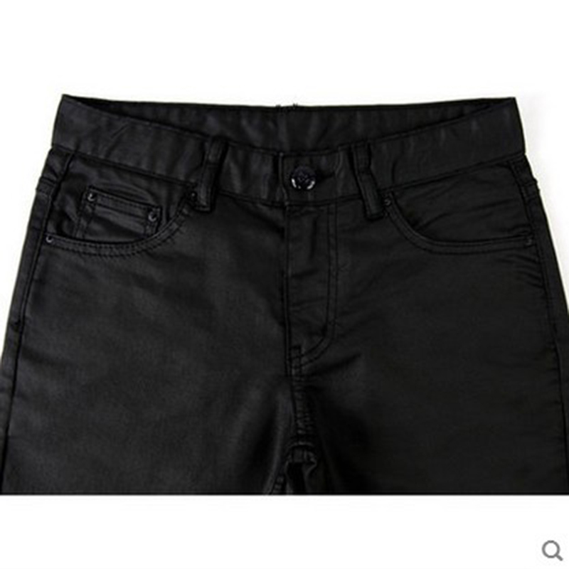 Idopy Men`s Coated Jeans Korean Fashion Cool Waxed Slim Fit Biker Denim Pants 210318