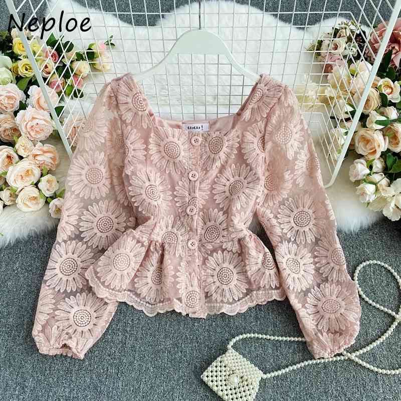Neploe French Lace Hook Flower Elegant Blouse Women Square Collar Sexy Clavicle Exposed Slim Blusas Spring Long Sleeve Shirt 210423