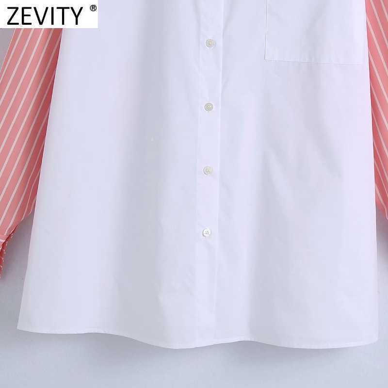Zevity Women Fashion Striped Sleeve Patchwork White Smock Blouse Office Lady Pocket Patch Shirt Chic Business Blusas Tops LS9356 210603