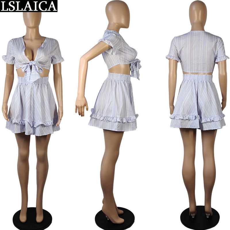 Two Piece Set Top And Skirt Crop Women Short Sleeve Ruffle V Neck Fashion Striped Sweet Beach Holiday 210515