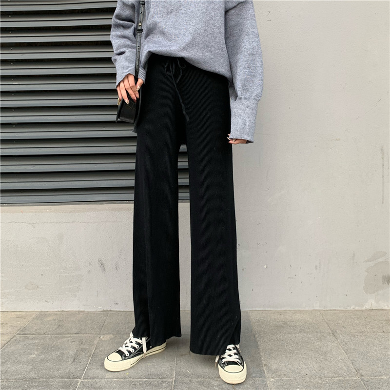 Nomikuma Women Knitted Wide Leg Pants Korean Solid Causal Long Trousers Lace Up Stretch High Waist Sweater Pants Feminimos 6D027 210427