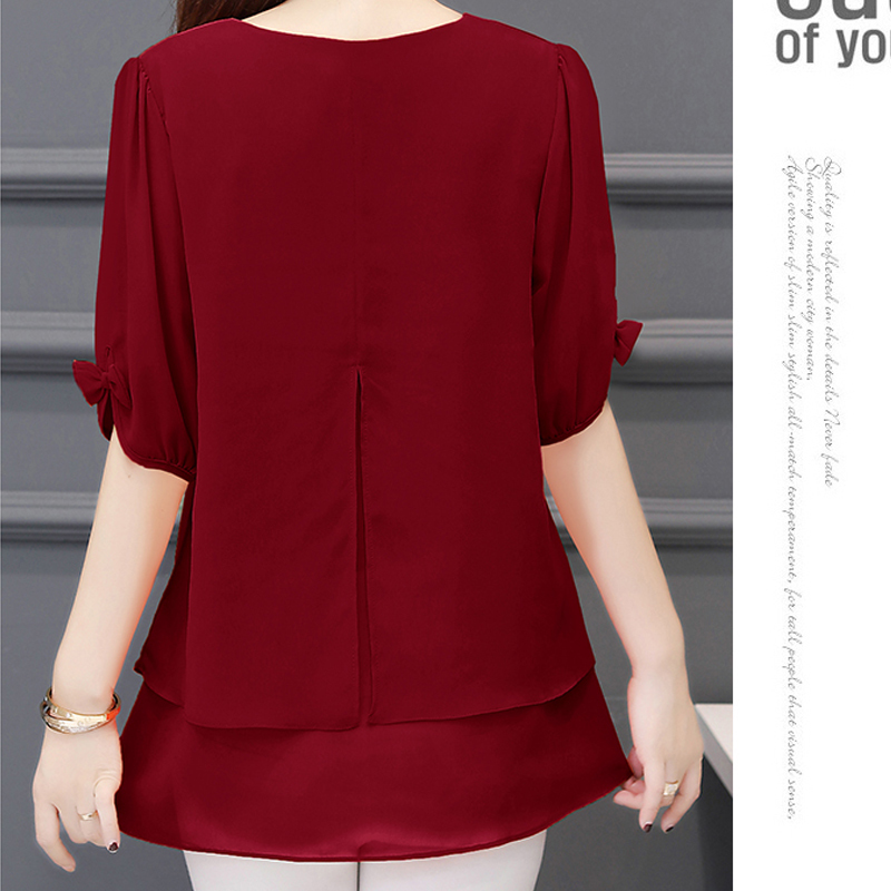 Korean Style Summer Short Sleeve Blouse Women Casual Plus Size L-5XL Chiffon Shirts for Red and Tops 3726 50 210508