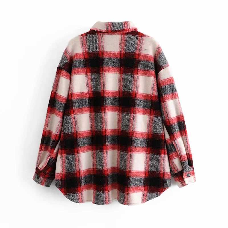 Women Autumn Blends Coats Winter Casual Long Sleeve Turndown Collar Single Breasted Plaid Shirt Loose Jacket Overcoats 210602
