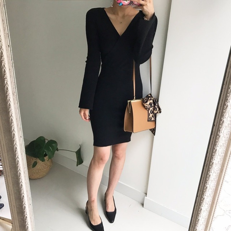 Nomikuma Sexy V-neck Knitted Dresses Korean Split Flare Long Sleeve Sweater Dress New Stretch Slim Bodycorn Vestidos 6E387 210427