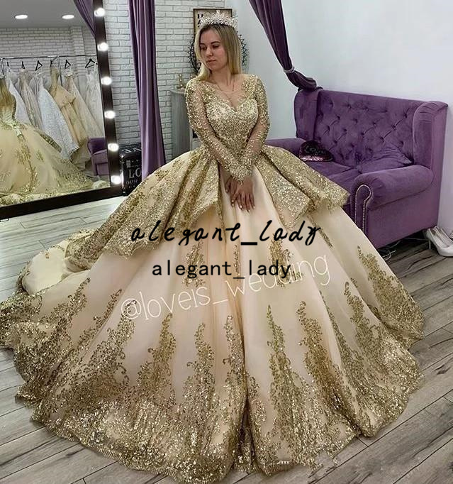 Champagne gold Bead 2022 Quinceanera Dresses Lace Up Appliqued Long Sleeve Ball Gown Prom Party Wear Sweet 16 Dress Vestidos