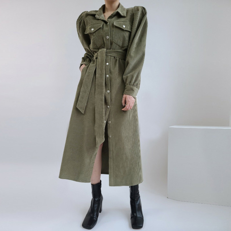 Spring Women Vintage Corduroy Elegant Midi Solid Shirt Dresses Casual Lantern Sleeve Vestido Da Festa 210520