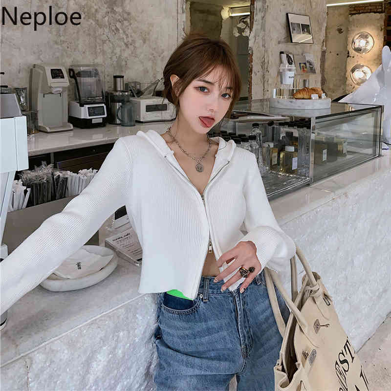 Neploe Cropped Hooded Sweater Women Double Zipper Cardigan Coat Sweet Fashion Knitted Tops Wild Long Sleeve Sueter Mujer 4l184 210422