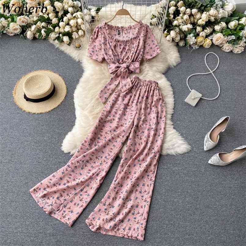 Women Pleated Wide-leg Pants Two Piece Sets Boho Floral Printed Bandage Crop Tops Outfits Woman Fashion 2 Pcs Suits 210519