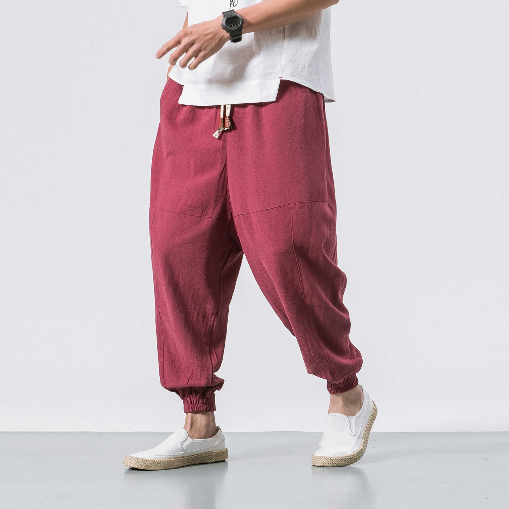 Black Pants Men Japanese Streetwear Cotton Linen Loose Trouser Fashion Male Elastic Waist Harem Pants 210601