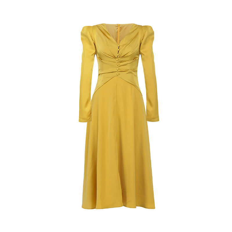 High Quality Runway Women Party Dress Autumn Yellow Long Sleeve Bodycon Midi Elegant V Neck Slim Button Vestidos 210519