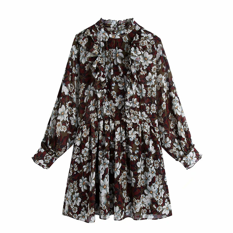 Autumn Women Chiffon printing Laminated Long sleeve Female Casual mini dress 210520