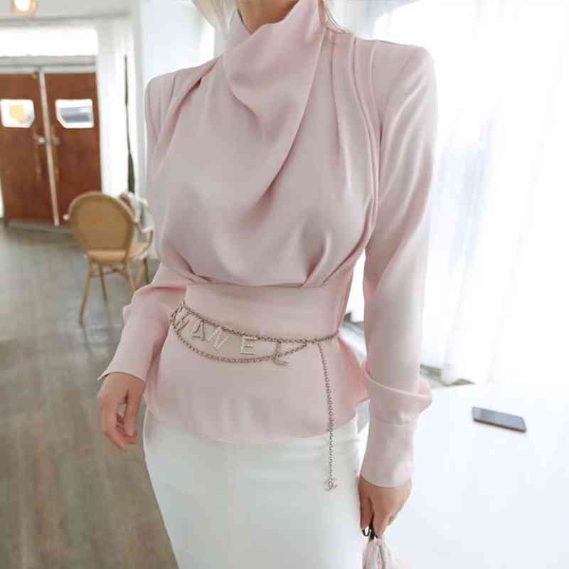 Casual Ruched Shirt For Women Turtleneck Long Sleeve Loose White Blouse Female Fashion Clothes Autumn 210524