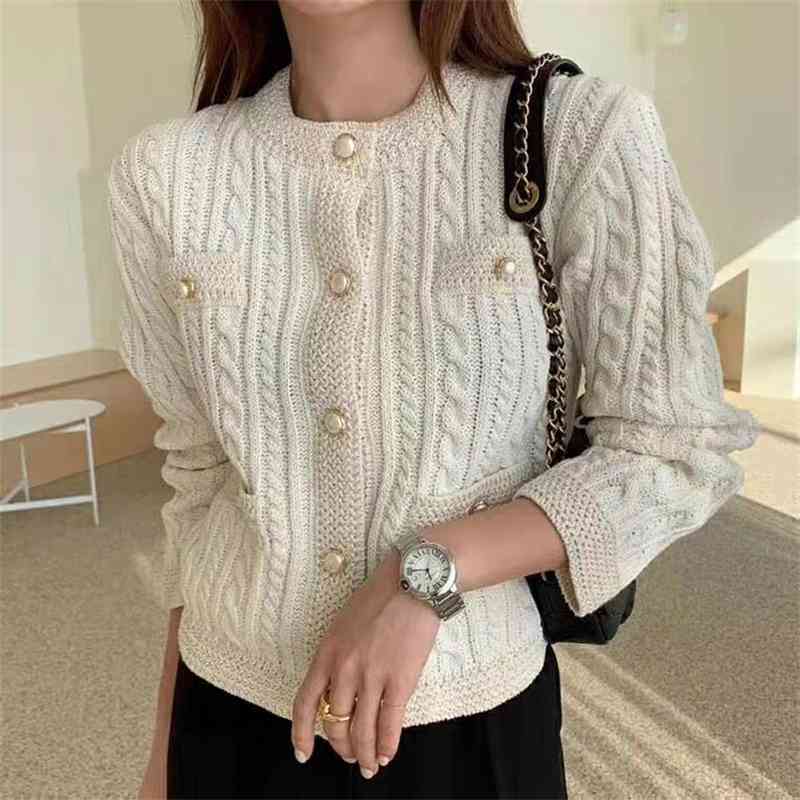 Elegant Women O-neck Knitted Cardigans Single-breasted Slim Twisted Sweater Female Autumn Outwear Tops 210506