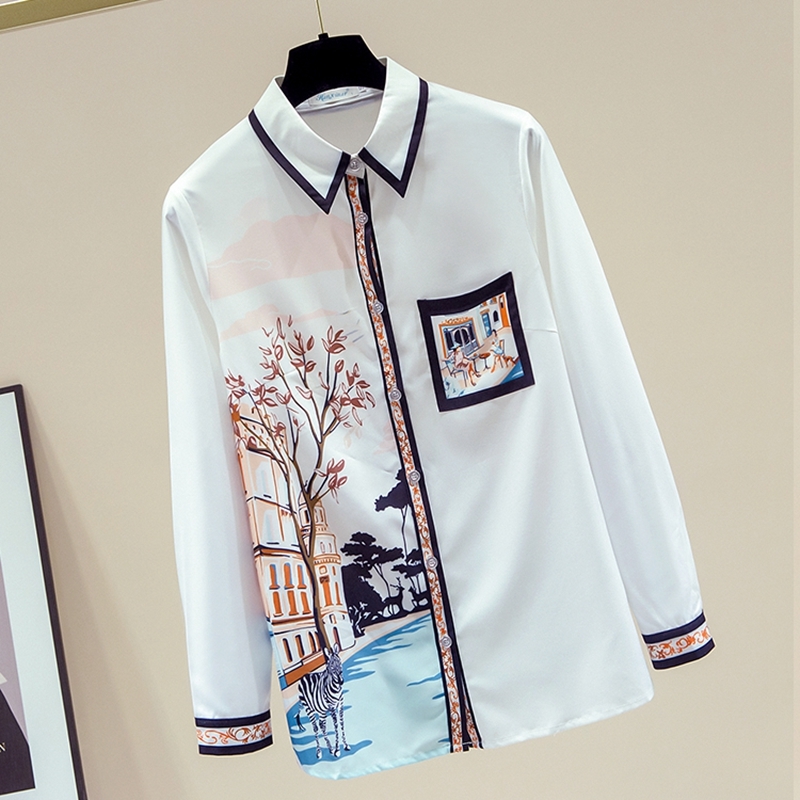 Women Fall 2021New Fashion Shirt Printed Shirt Female Top Turn-Down Collar Niche Korean Style Loose Chiffon Blouse GX1440 210317