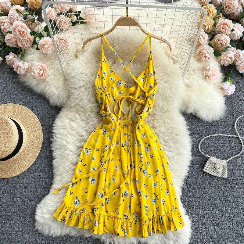 Women Dress Summer Sexy Deep V-neck Spaghetti Strap Floral Print Boho Beach Criss Cross Backless Ruffles Mini Sundress 210603