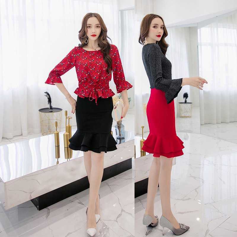 SEXMKL Womens Korean Pencil Skirt Fashion Elegant High Waist Ruffle Black Office Ladies Sexy Plus Size Red Jupe 210621