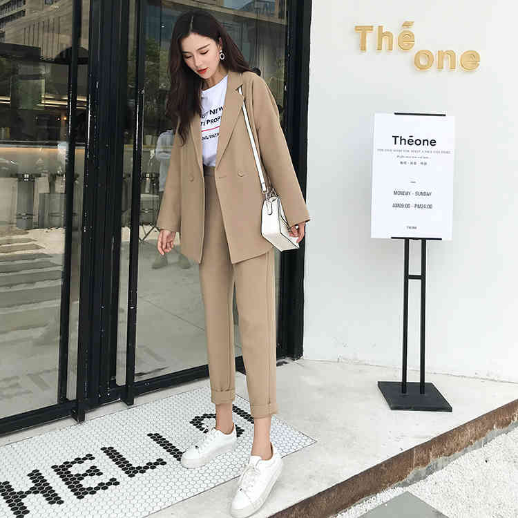 Comelsexy Autumn Winter Khaki Women Pant Suits Double Breasted Pocket Notched Blazer & Pant Office Wear Suit Female Set 210515