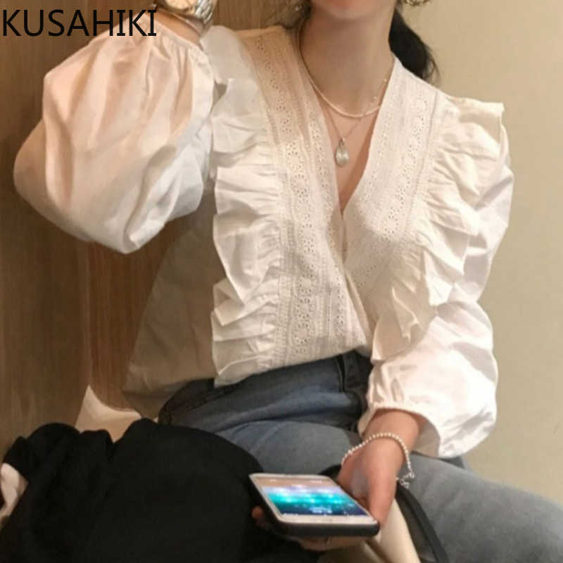 Korean Chic Women Tops Ruffle Patchwork V-neck Blouse Shirt Spring Lantern Sleeve Blusas Mujer De Moda 6G686 210603