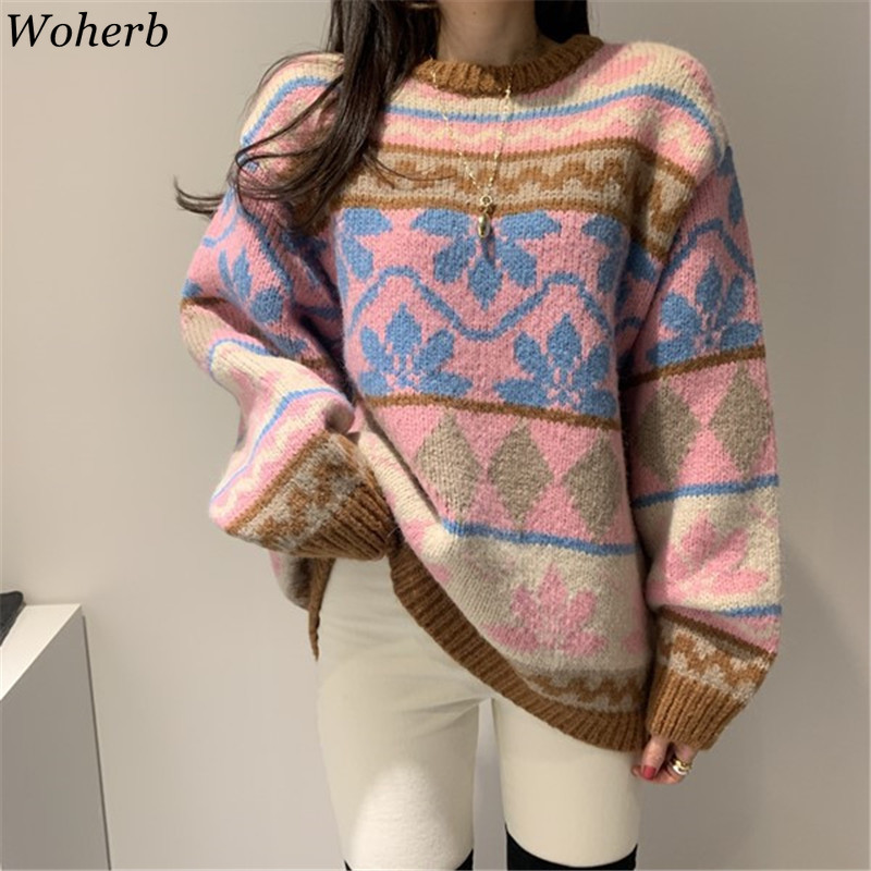 Knitted Pullovers Oversized Outwear Fall Woman Clothes Vintage Sweet Argyle Jumper Korean Fashion Female Sweaters 210422