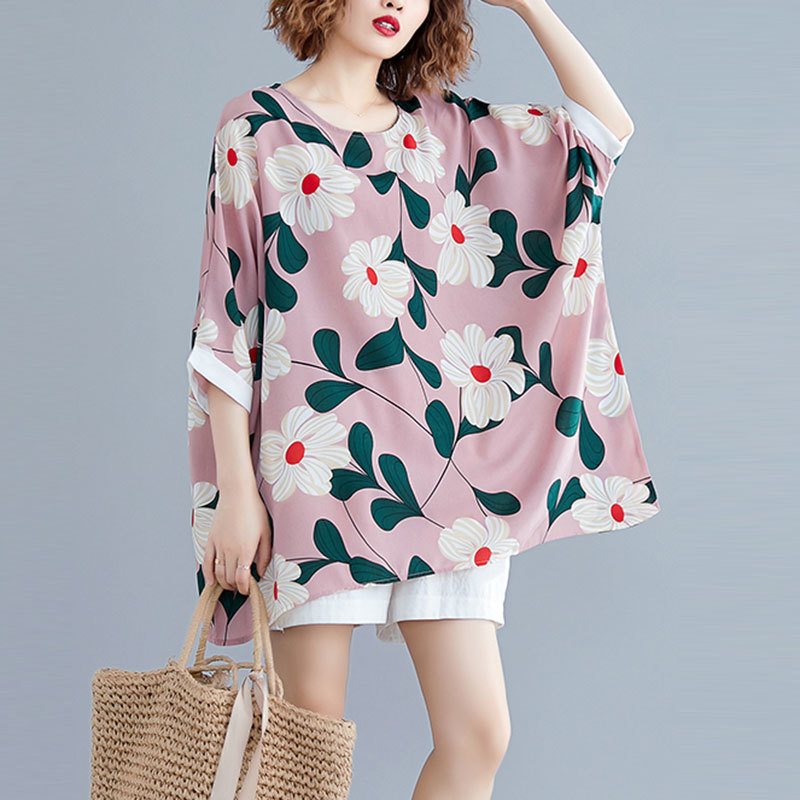Plus Size Women T-shirt Summer Loose Batwing Sleeve Flower Print Large Tshirts Femme Vintage Casual Tops Tees Big H888 210512