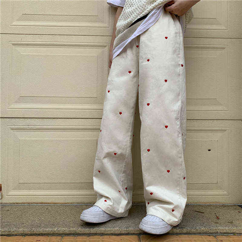 Women's Jeans Streetwear Casual Heart Shaped Embroidery Elastic Waist Vintage Baggy Straight Denim Trouser Mom Wide Leg Pants 211111
