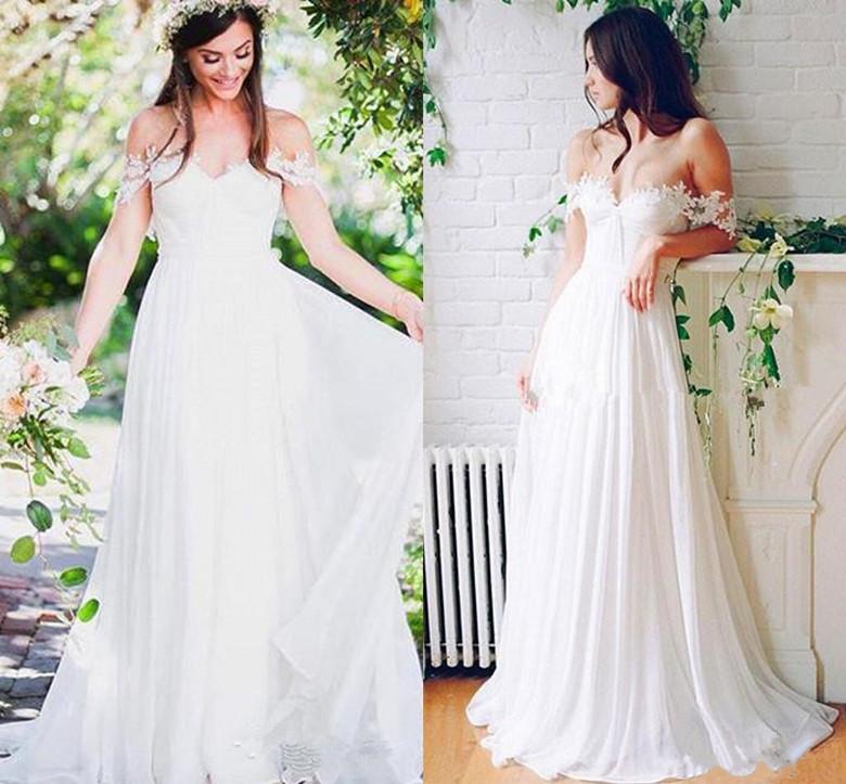 Wedding Beach Dresses Bridal Gown Elegant Off the Shoulder Chiffon Lace Applique Ruched Pleats Custom Made Sweep Train Vestidos De Novia