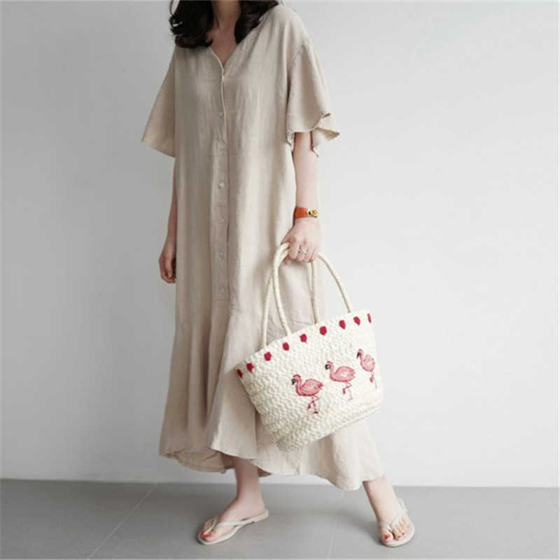 Loose Cotton and Linen Solid Dresses Butterfly Sleeve Ruffles V-neck Shirt Irregular Fishtail Knee-Length for Women 210615