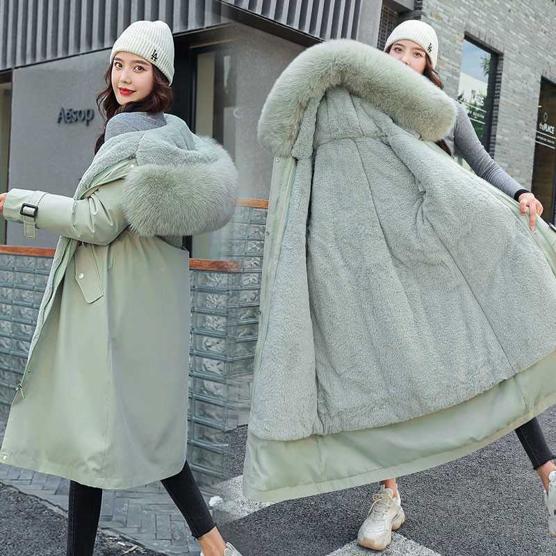 LY VAREY LIN Winter Long Coat Women Warm Thickness Hooded Parkas Plus Size Large Fur Collar Embroidery Jackets Padded Coats 210526