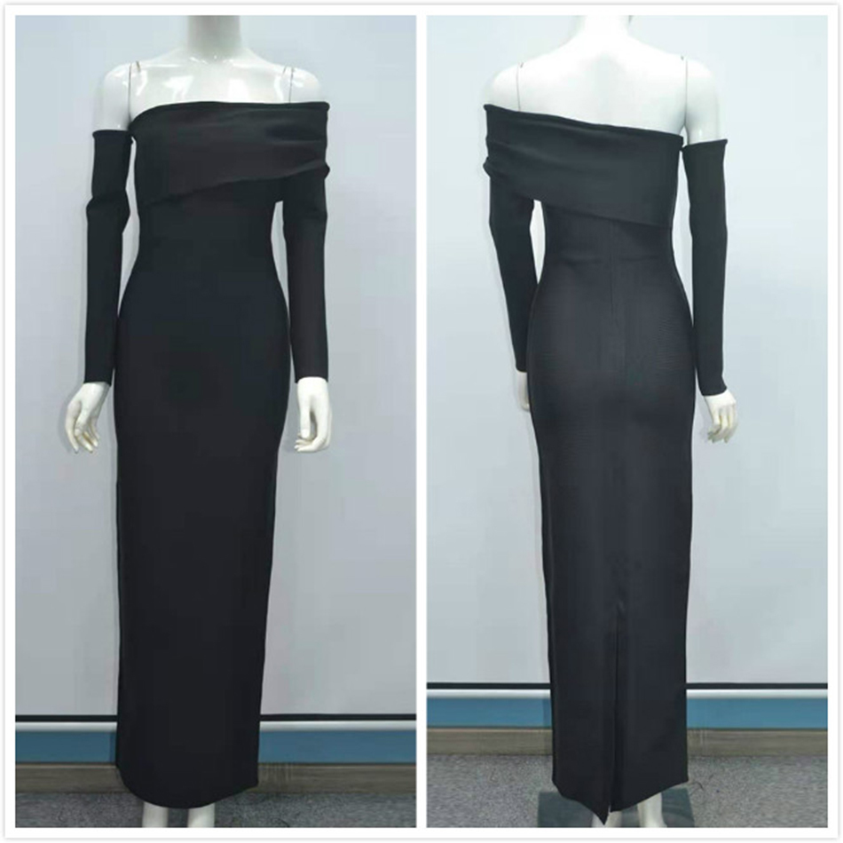 Free Off-shoulder Long Sleeve Black Bandage Dress Women's Sexy Halter Bodycon Rear Split Club Party Vestidos 210524