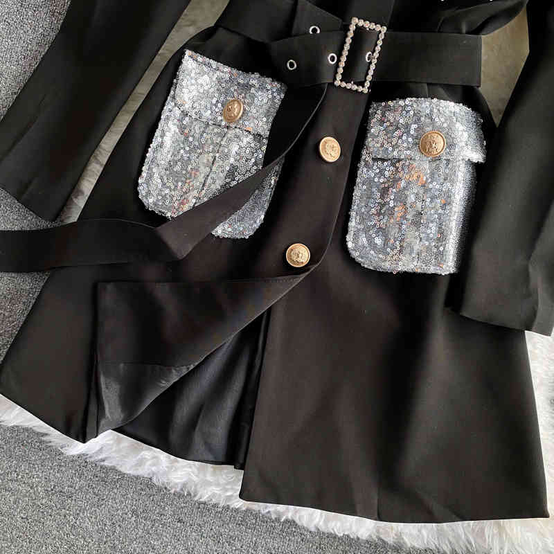 Nomikuma Women Notched Collar Elegant Dress Korean Sequins Pockets Dresses Belt Slim Waist New Vestido Mujer Femme 6F487 210427