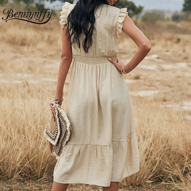 V-neck Hollow out Solid Dresses Women Elegant Ruffle Sleeve High Waist Female Asymmetrical Long Dress Summer 210510