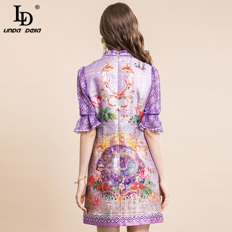 Summer Runway Purple Floral Dress Women's Flare Sleeve Bead Vintage Printed Short Party 210522
