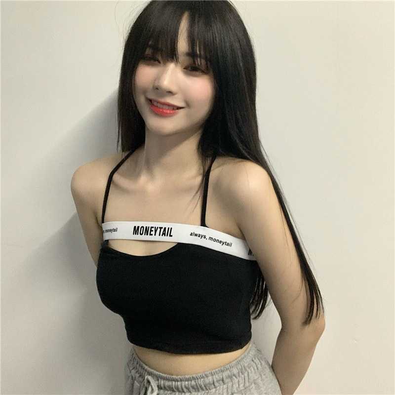 Asia White Letter Sexy Korea Hollow Out Korean Women Cotton Big Bust Tank Tops Slim Short Mini Top Summer 2D8R 210603