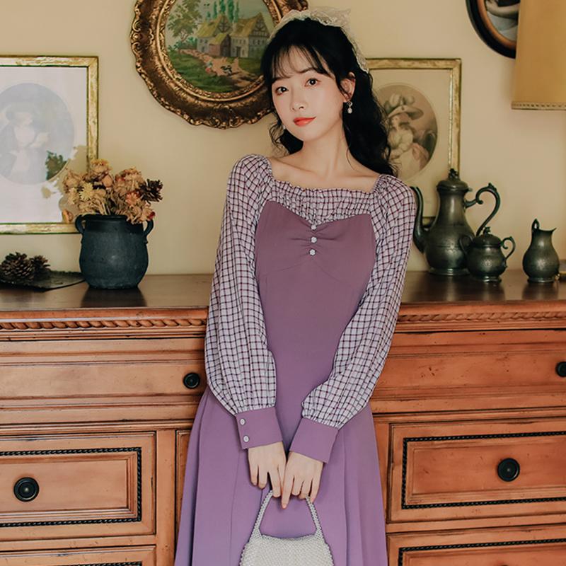 Fashion Women's Clothing Autumn Square Collar Full Plaid Vintage Dresses Women Dress Casual