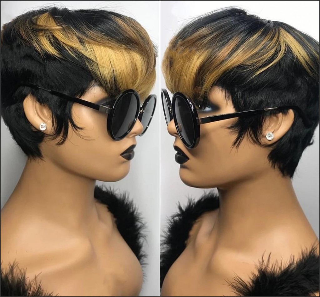 Honey Blonde Color Wavy Short Bob Wig With Bangs Pixie Cut No Lace Front Indian Human Hair Wigs For Women