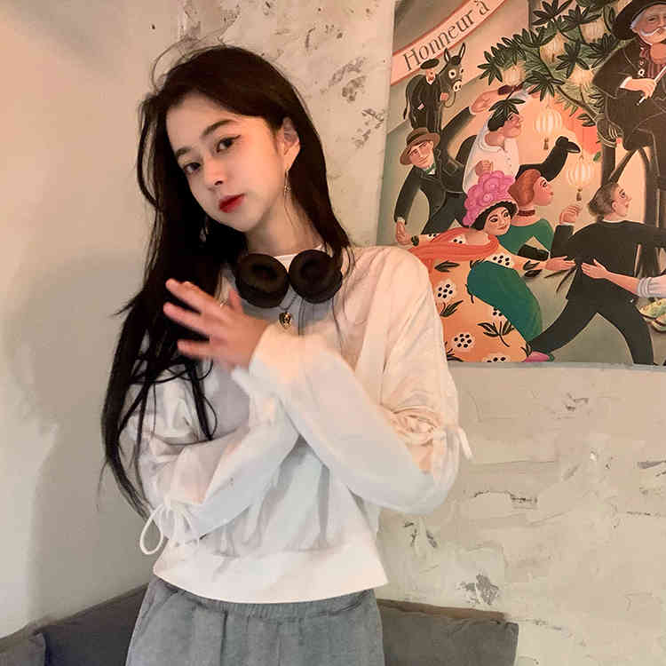 5 Soild colors spring autumn korean style Women Lace up Sweatshirts Thin sweatshirt Womens pullovers (F4231) 210423