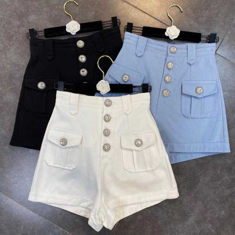 DEAT Women Spring Aummer Arrivals Diamonds Buttons High Waist Slim Casual Fashion Temperament Shorts ML570 210714
