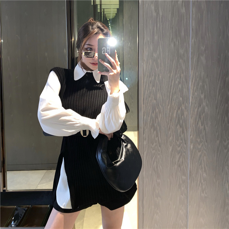Spring Two-Piece Set Fashion Women Lantern Sleeve White Shirt Top + Casual Split knitted sweater Vest With Belted 210519