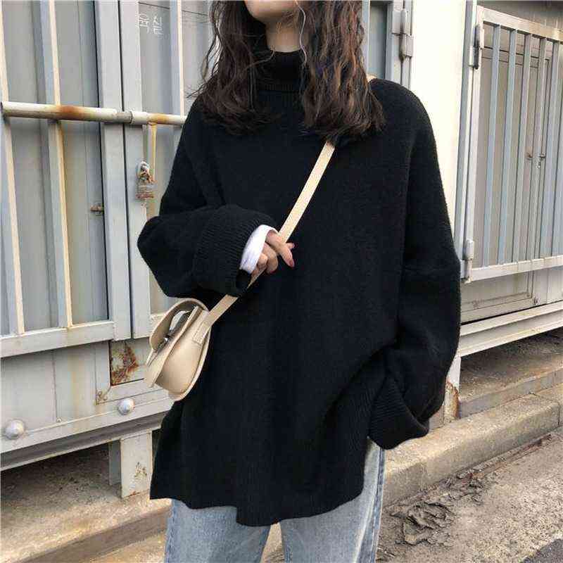Turtleneck Collar Sweater Spring Autumn Pattern Long Sleeve Solid Knitting Pulloveres Overszie Casual Women Black Blue 211123wtt