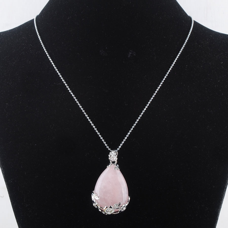 WOJIAER Tear Water Drop Love Natural Rose Quartz Gem Stone Pendant Necklace Reiki Bead Women Jewelry DN3470