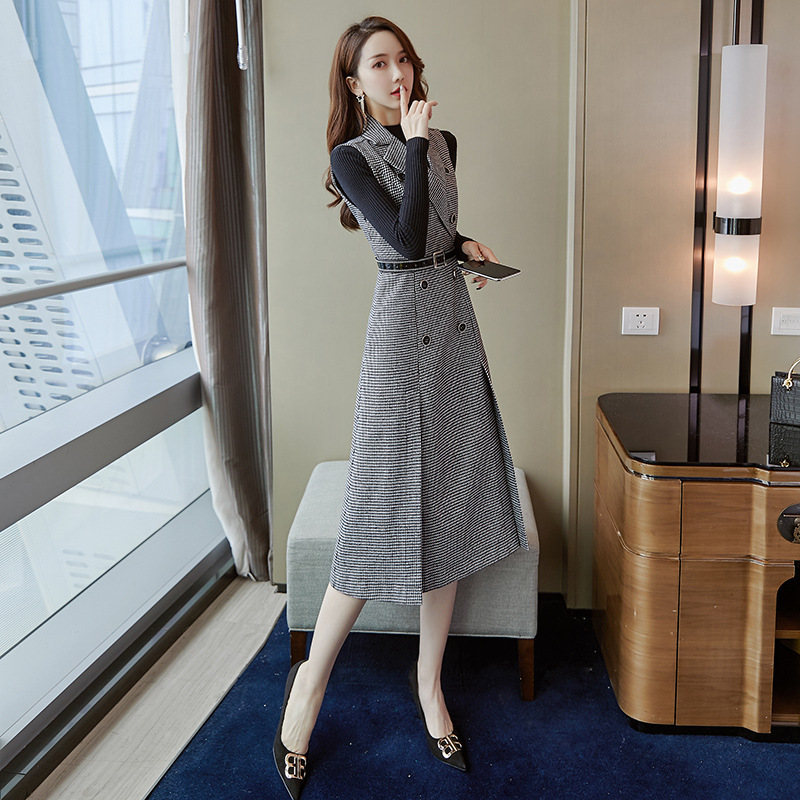 Women Plaid Elegant Office Dresses Lady Work Sleeveless Strap Spring Turn-Down Collar Blazer Female Suit 210428