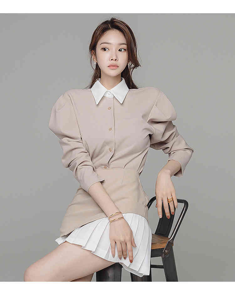 Spring 2 Pieces Set White Patchwork Turn Down Collar Puff Sleeve Simple Blouses & Bodycon Pleated Mini Skirt Office Lady Suit 210519